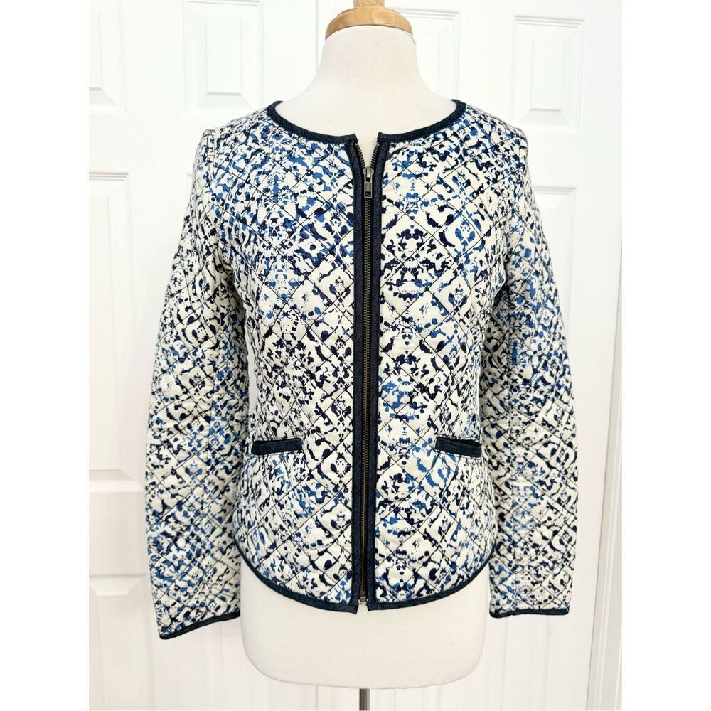 Hinge Womens Blue White‎ Geometric Quilted Zip Jacket Size Medium